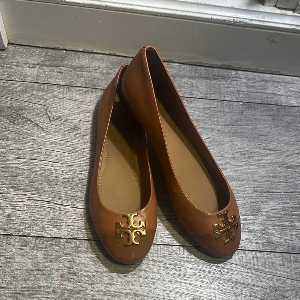 Tory Burch Brown Leather Flats with Gold Logo